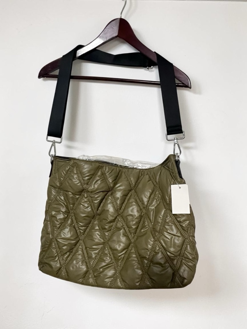 NWT Quilted Puffer Tote Nylon Shoulder Bag in Army Green